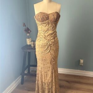 Fiesta Gold Strapless Sequin Lace Evening Dress